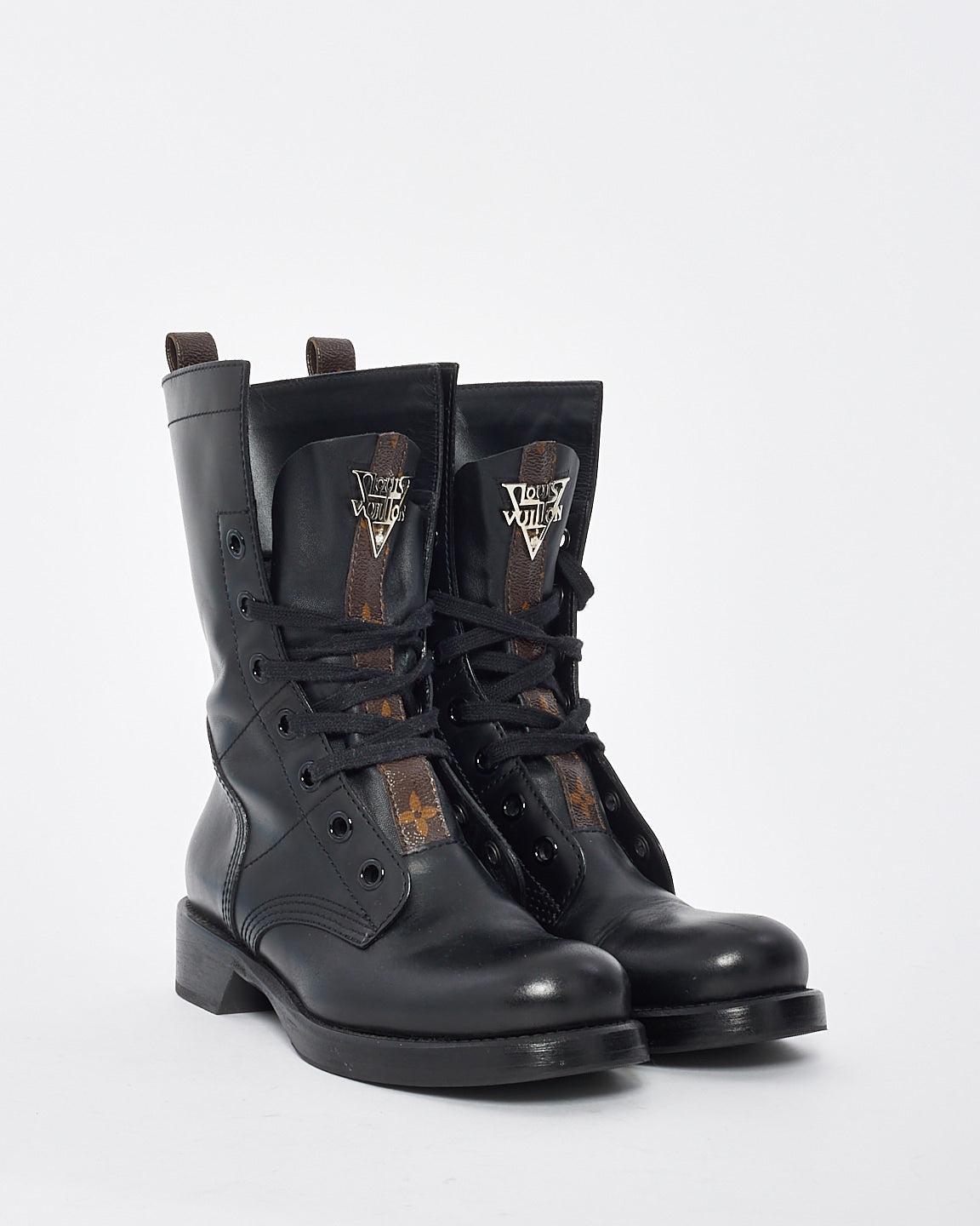 Louis Vuitton Black Leather 
Monogram Metropolis Ranger Combat Boots - 37.5