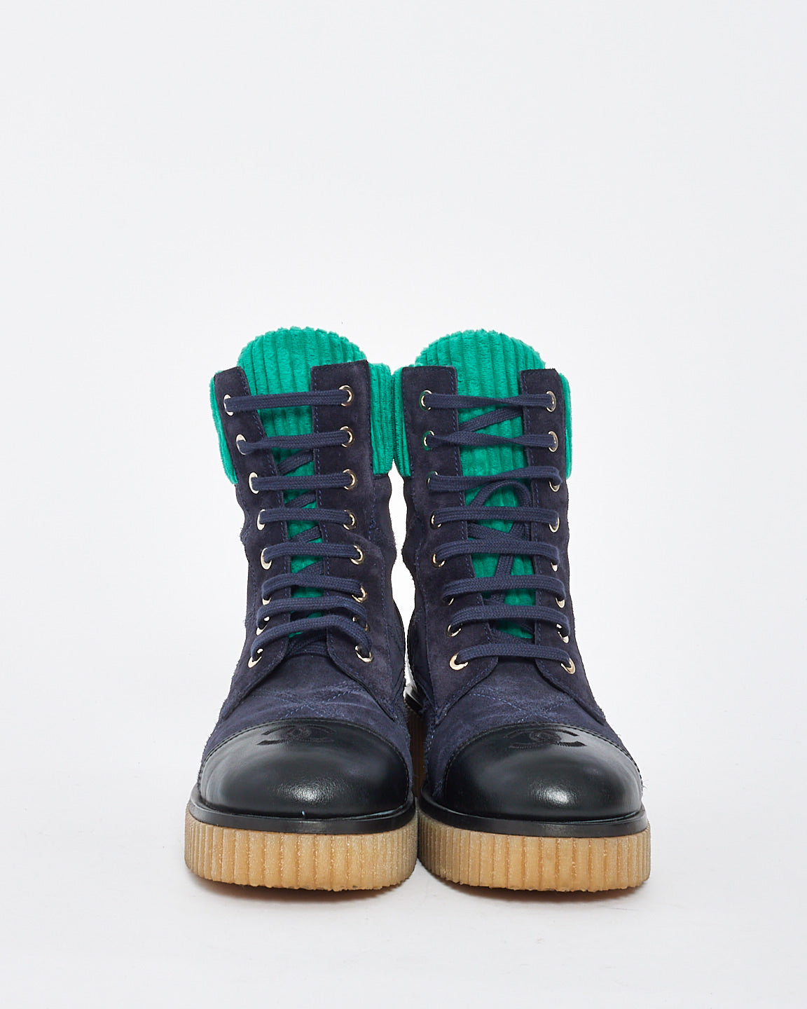 Chanel Navy/Turquoise Suede 
Corduroy Combat Boots - 38