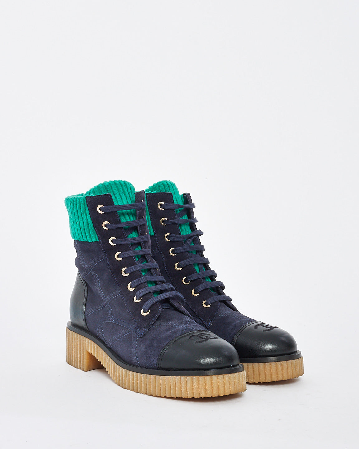 Chanel Navy/Turquoise Suede 
Corduroy Combat Boots - 38