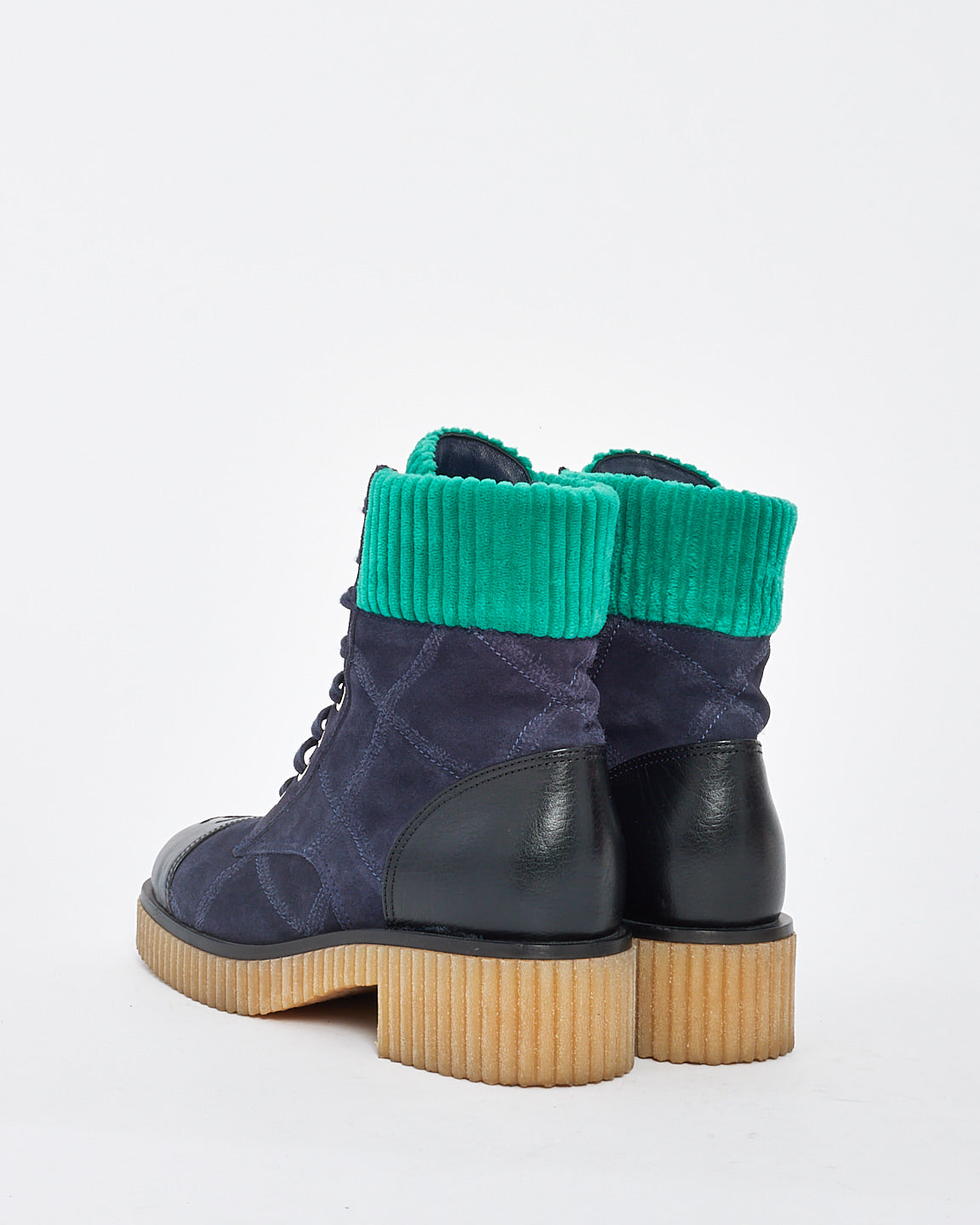 Chanel Navy/Turquoise Suede 
Corduroy Combat Boots - 38