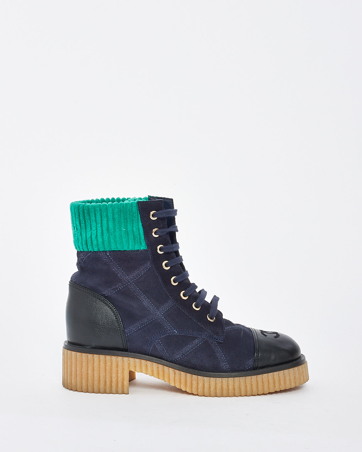 Chanel Navy/Turquoise Suede 
Corduroy Combat Boots - 38