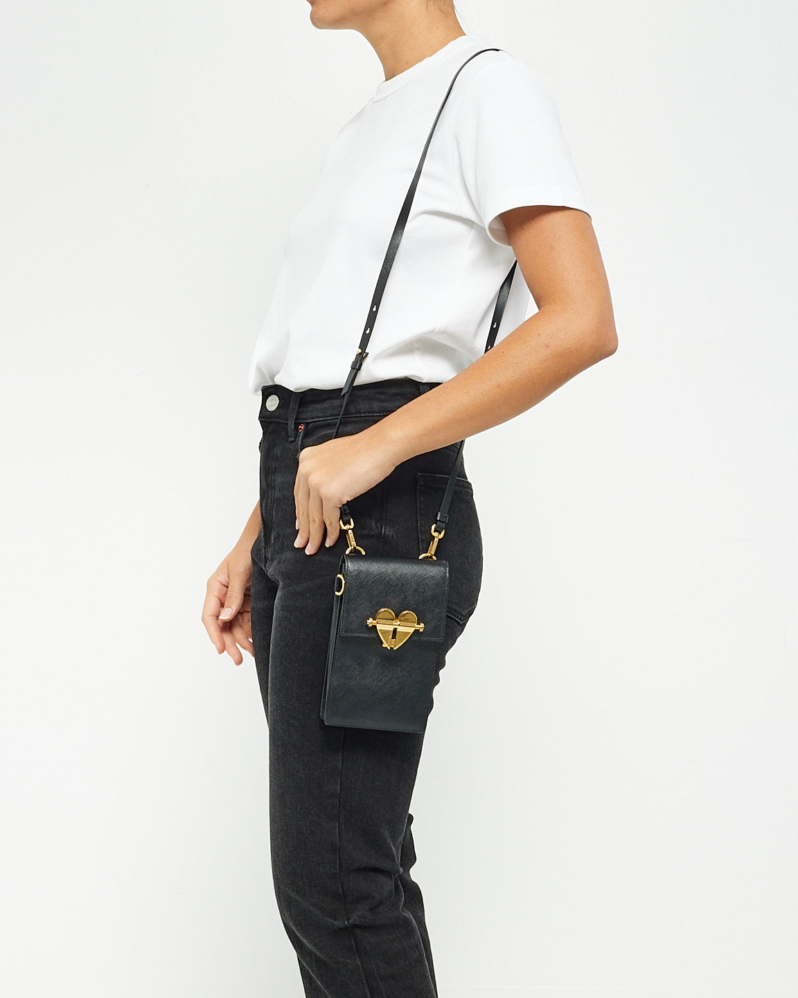 Prada Black Saffiano Leather Heart Lock Crossbody Bag