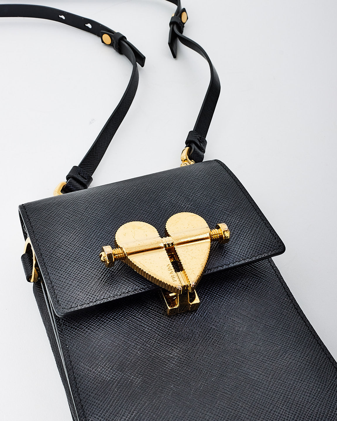 Prada Black Saffiano Leather Heart Lock Crossbody Bag