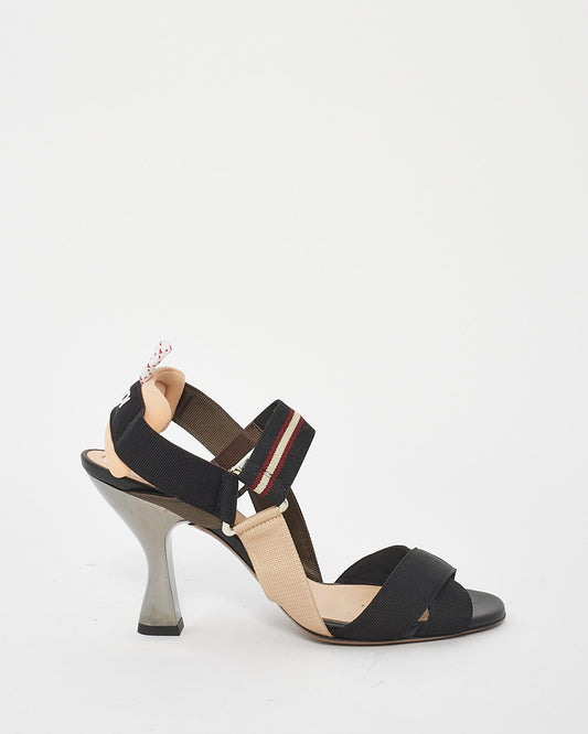 Fendi Black 
Beige Fabric Colibri Strap Sandals - 39