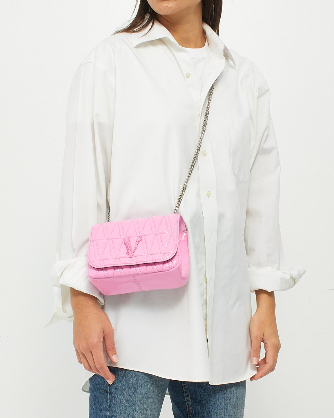 Versace Pink Patent Leather Virtus Shoulder Bag