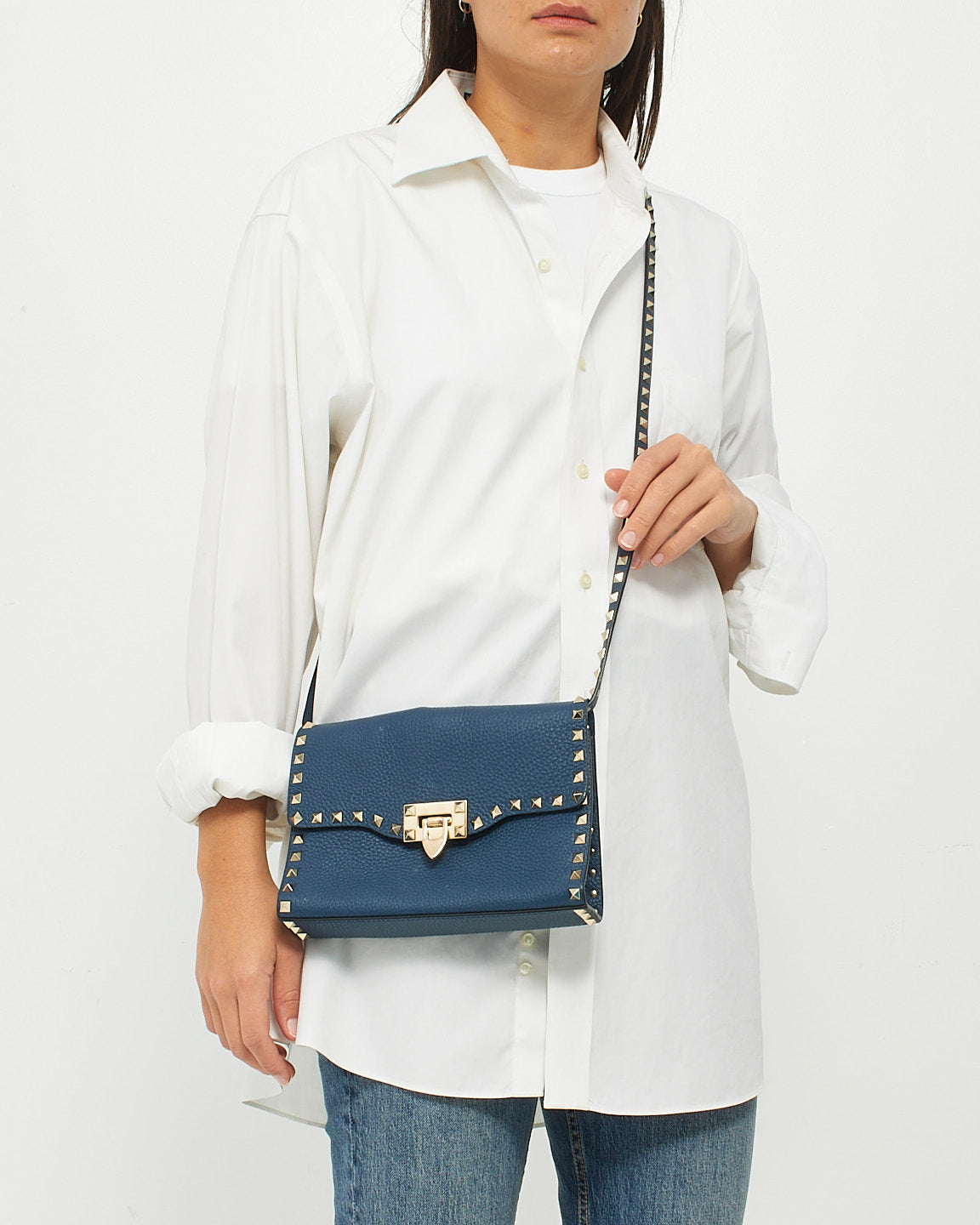 Valentino Navy Blue Grained Leather Rockstud Crossbody Bag