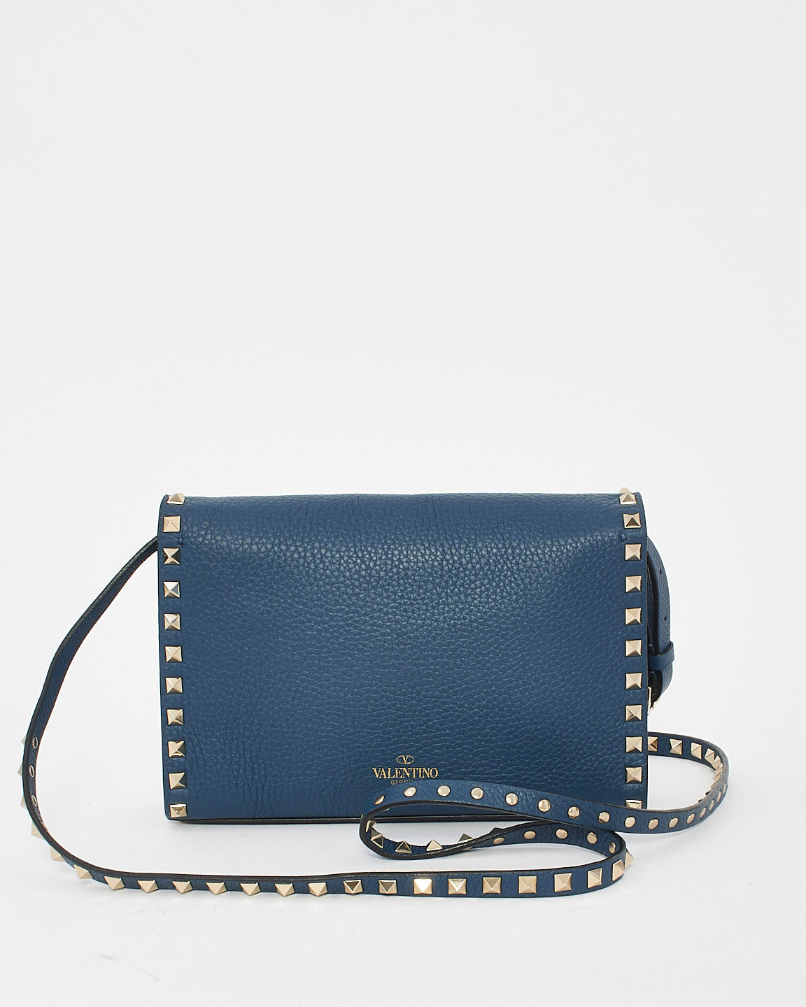 Valentino Navy Blue Grained Leather Rockstud Crossbody Bag