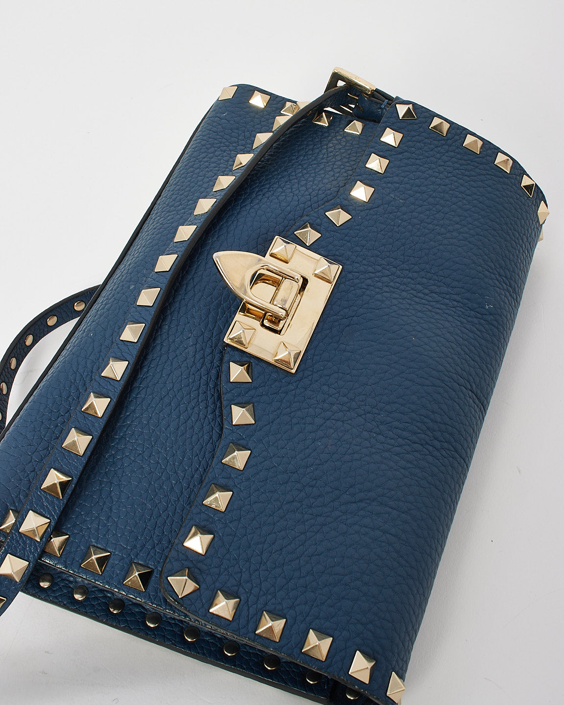 Valentino Navy Blue Grained Leather Rockstud Crossbody Bag