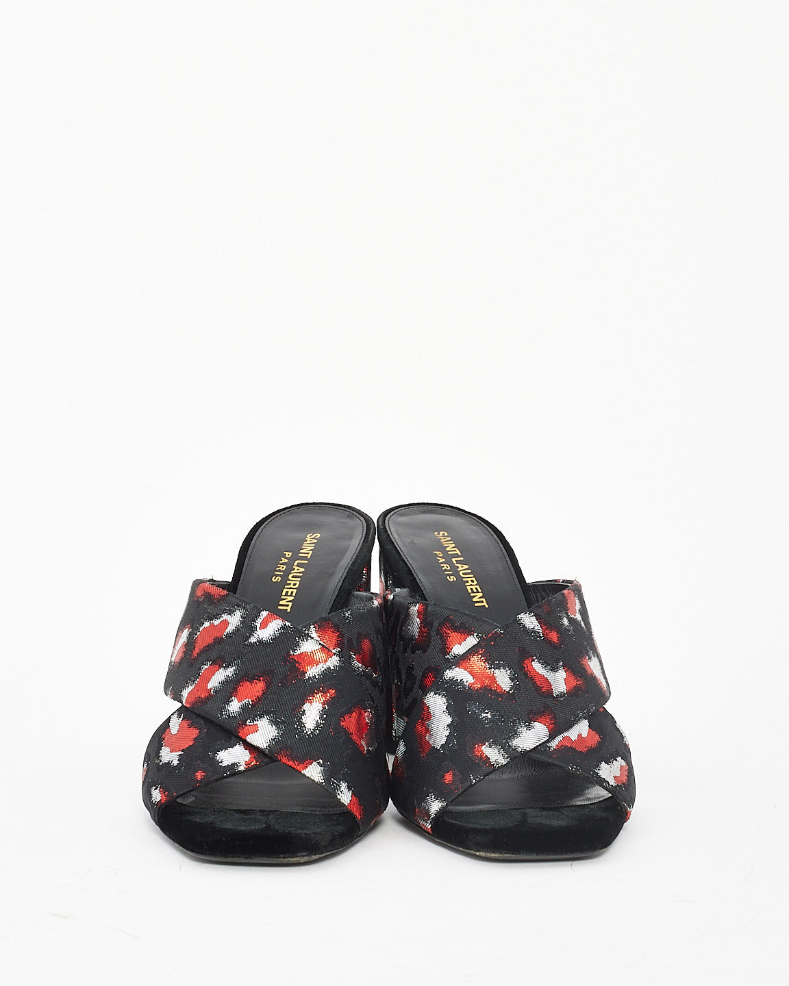 Saint Laurent Black/Red Satin Print Mule Heels - 39