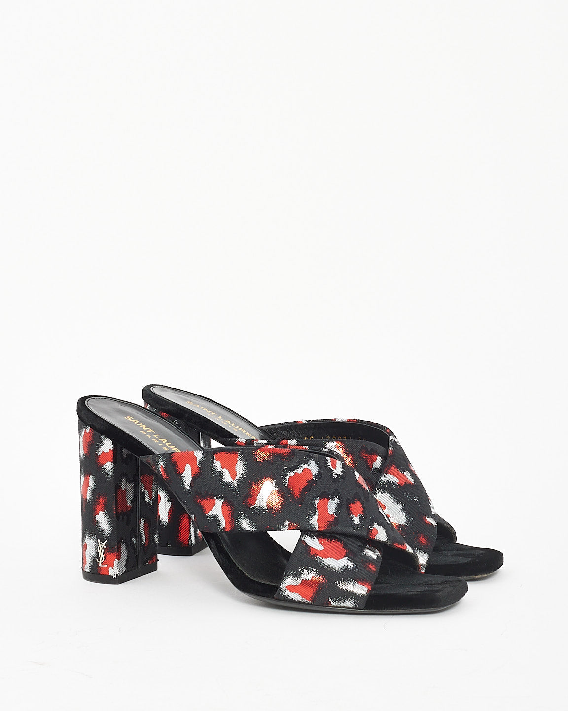 Saint Laurent Black/Red Satin Print Mule Heels - 39