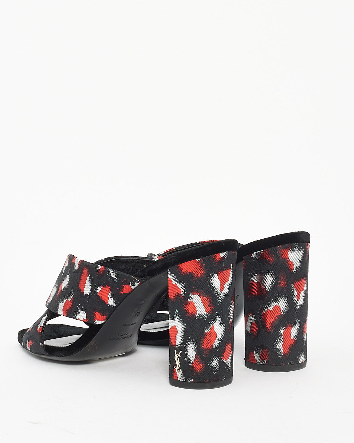 Saint Laurent Black/Red Satin Print Mule Heels - 39