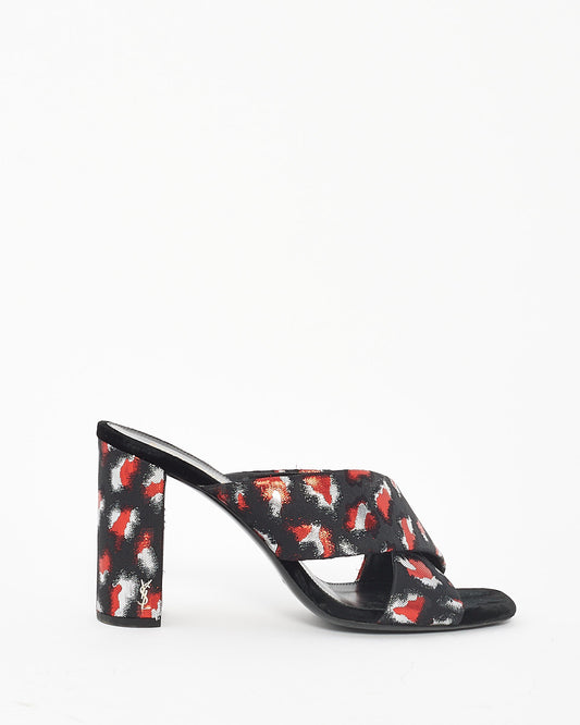 Saint Laurent Black/Red Satin Print Mule Heels - 39