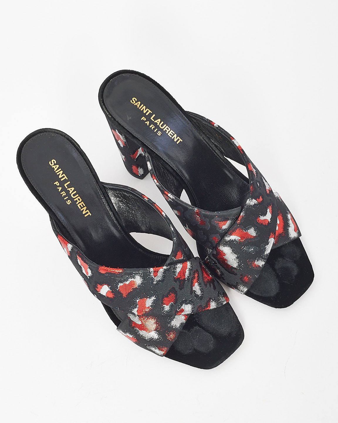 Saint Laurent Black/Red Satin Print Mule Heels - 39