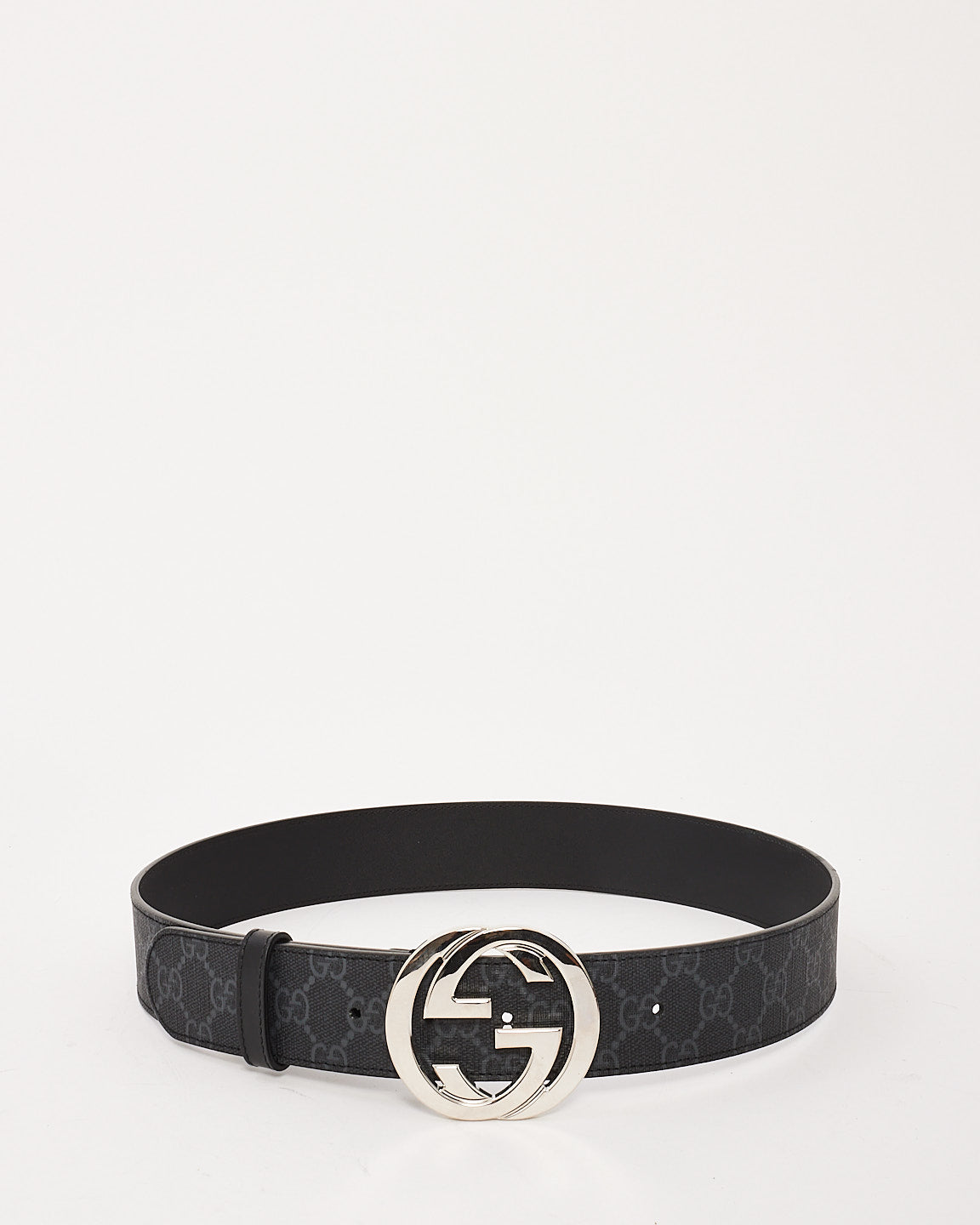 Gucci Black Leather Belt with Silver Interlocking GG Buckle - 85/34