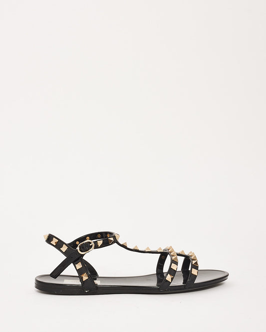 Valentino Black Rubber Rockstud Strap Gladiator Sandal - 39