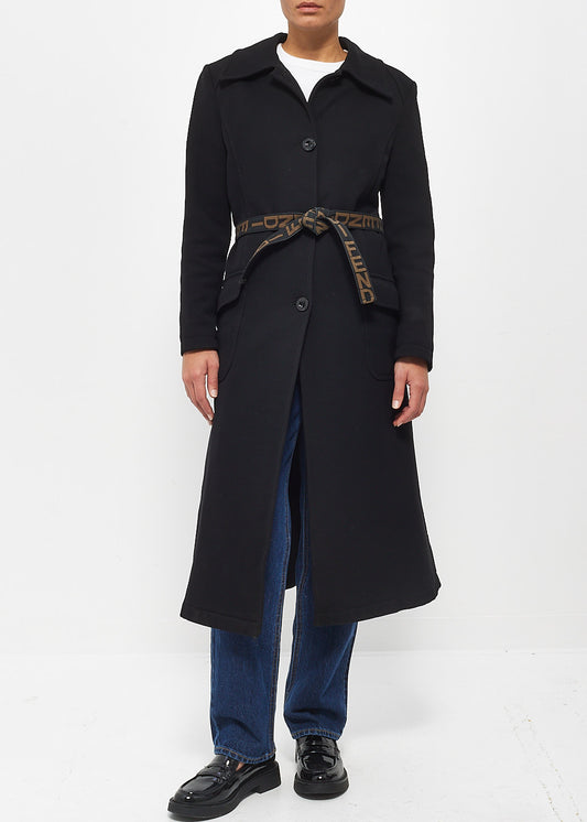 Fendi Jeans Black Long Logo Belted Coat - 40