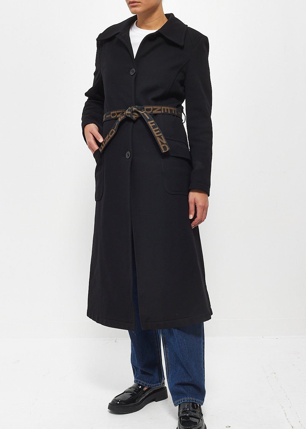 Fendi Jeans Black Long Logo Belted Coat - 40