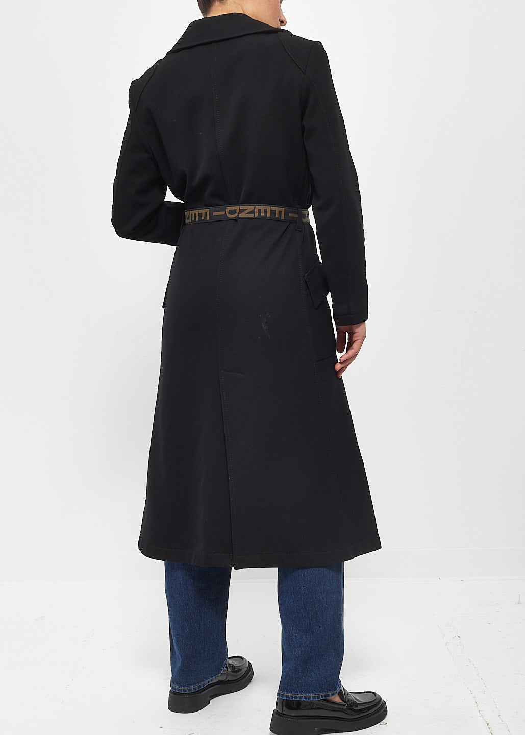 Fendi Jeans Black Long Logo Belted Coat - 40