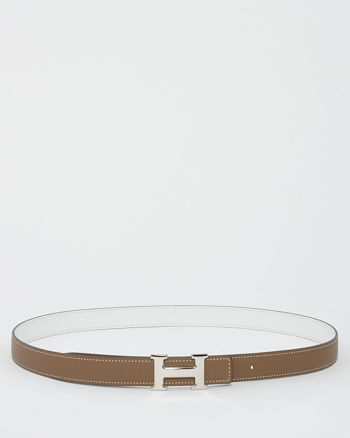 Hermès Etoupe 
White Leather Silver Buckle Reversible H Belt - 95