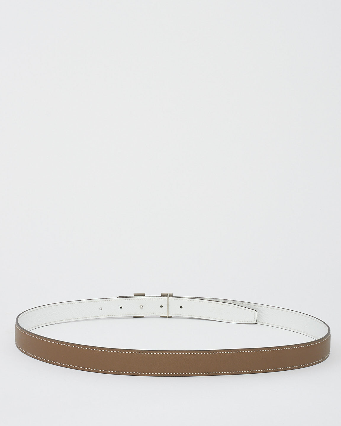 Hermès Etoupe 
White Leather Silver Buckle Reversible H Belt - 95