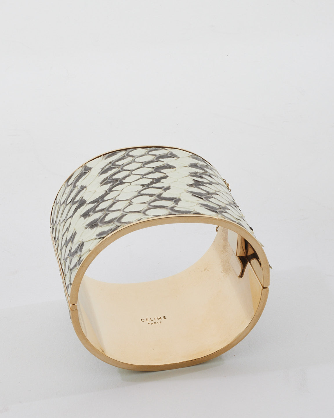 Celine White 
Grey Python Metal Edge Cuff Bracelet - M