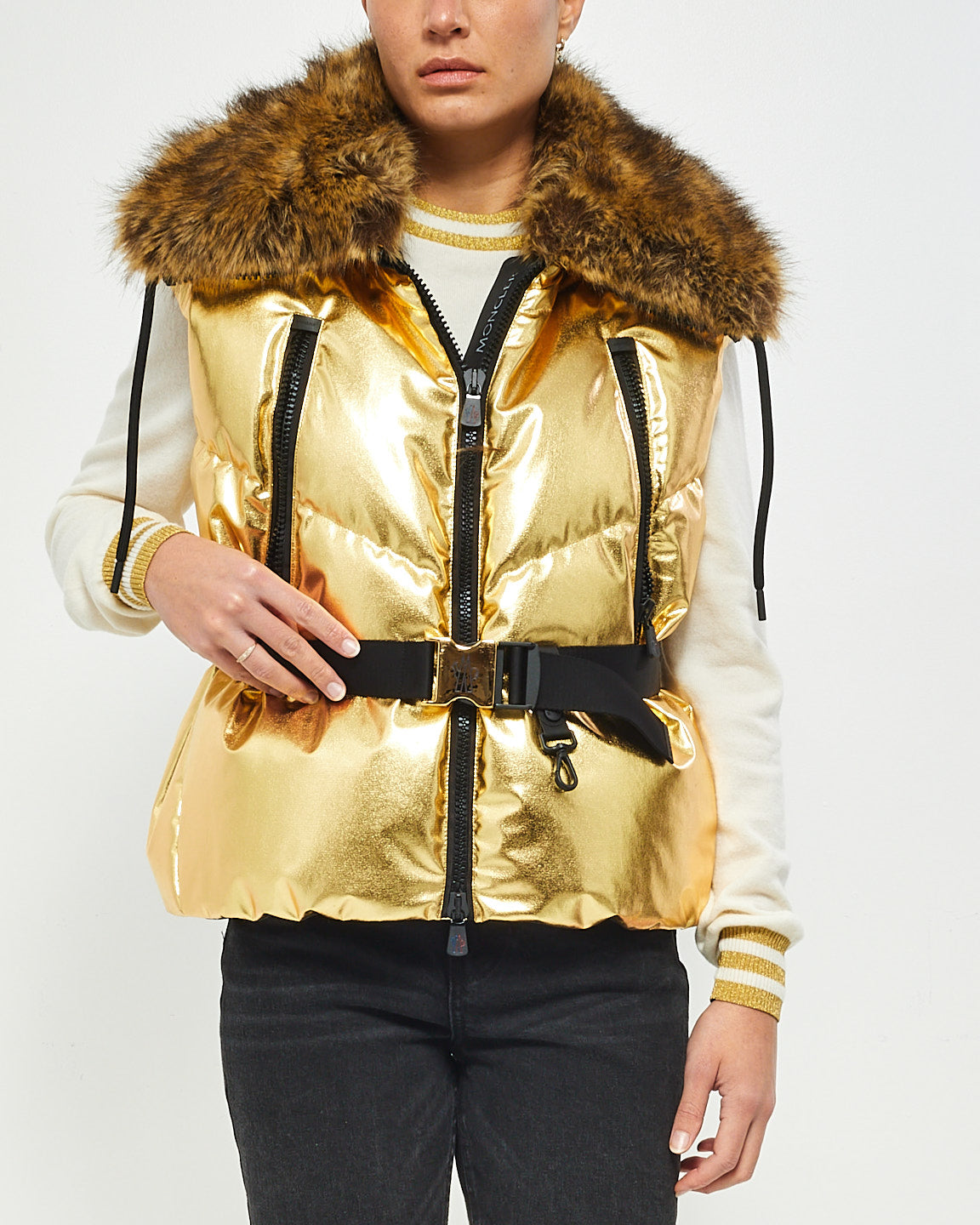 Moncler Gold Metallic Grenoble Après Ski Fur Trimmed Puffer Vest - 1