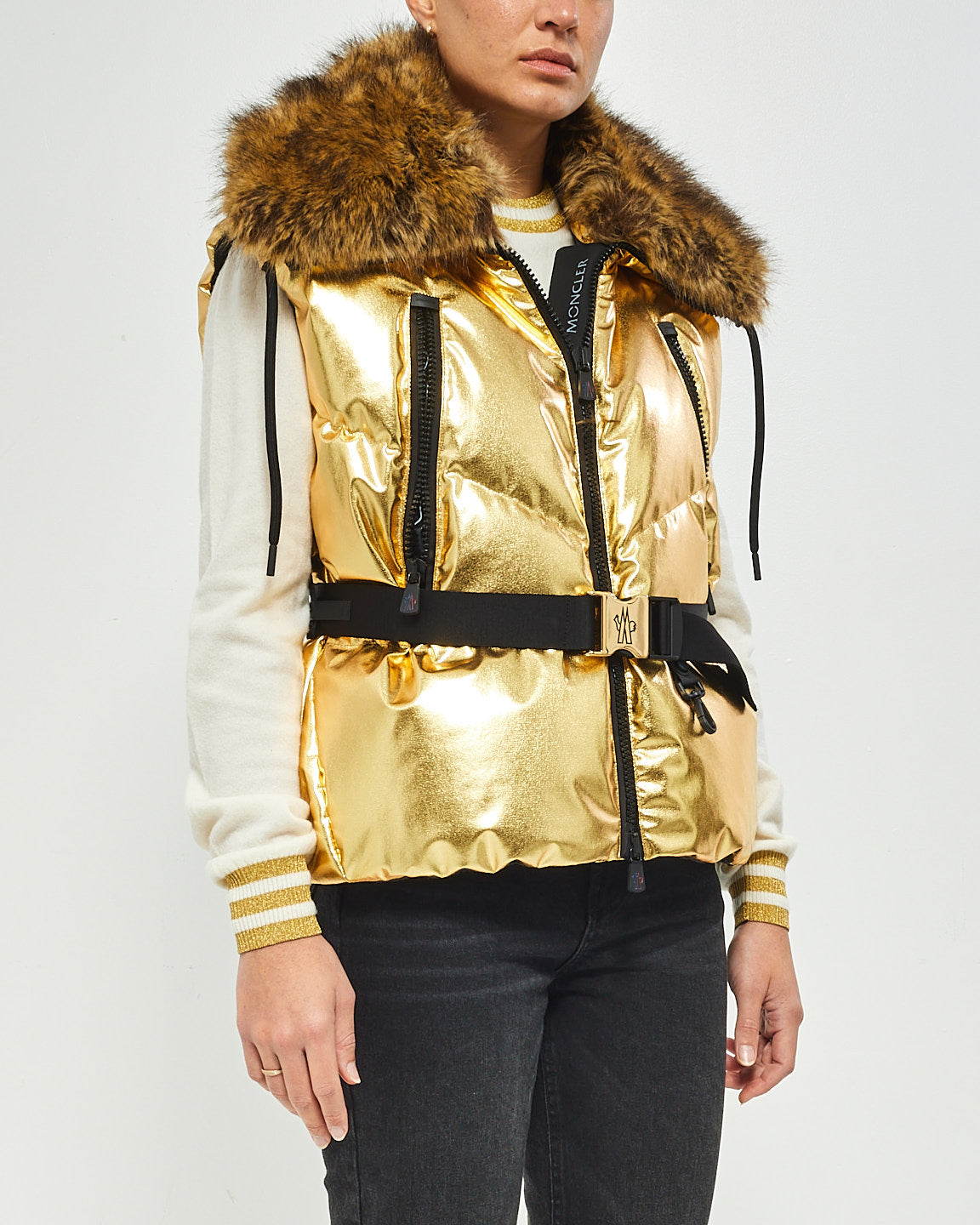 Moncler Gold Metallic Grenoble Après Ski Fur Trimmed Puffer Vest - 1