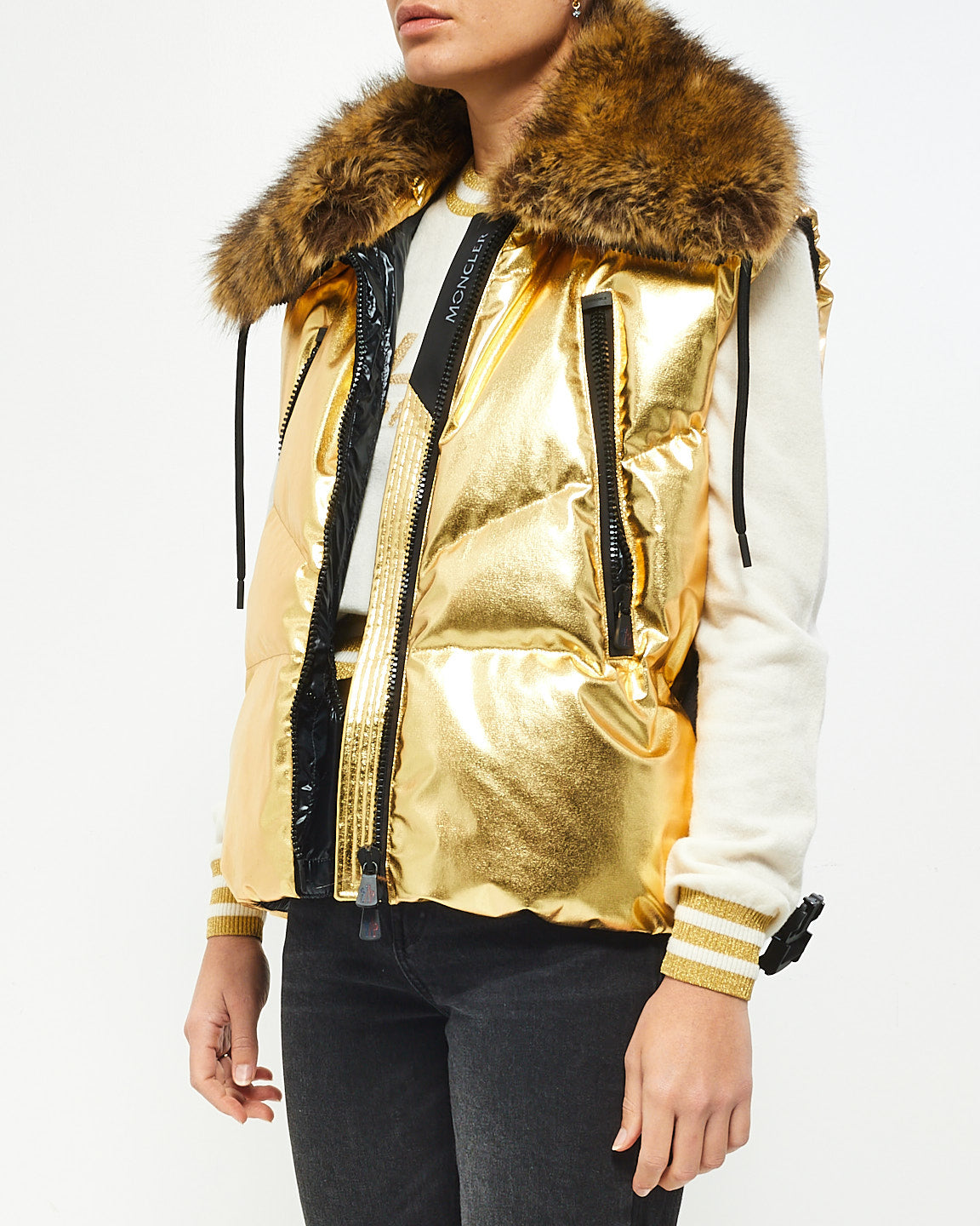 Moncler Gold Metallic Grenoble Après Ski Fur Trimmed Puffer Vest - 1