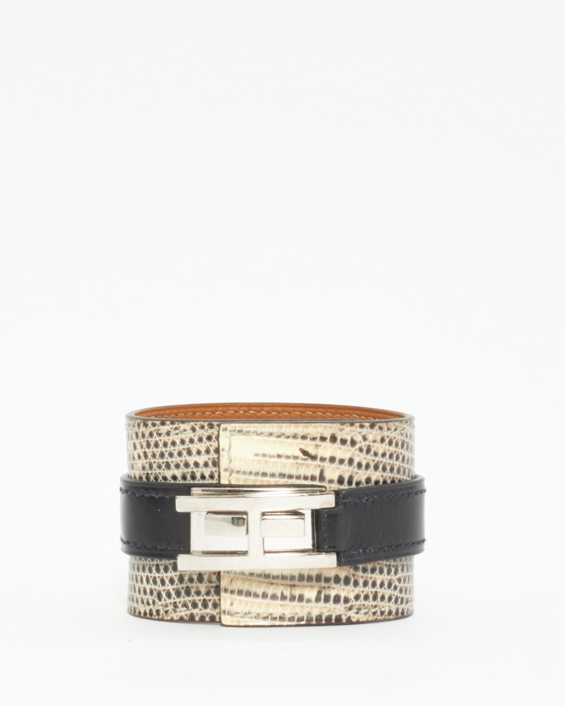 Hermès Black 
White Lizard Drag Cuff Bracelet - T2