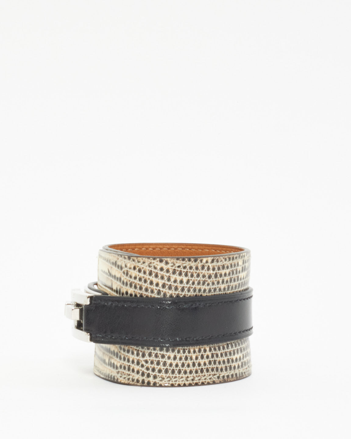 Hermès Black 
White Lizard Drag Cuff Bracelet - T2