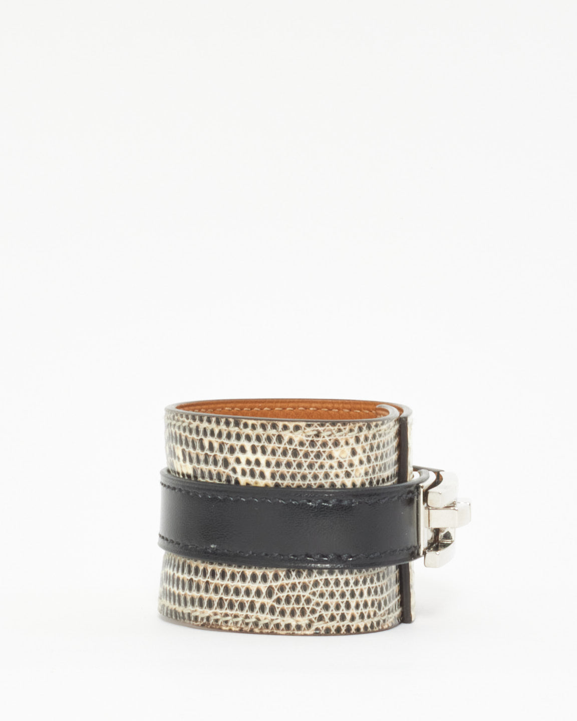 Hermès Black 
White Lizard Drag Cuff Bracelet - T2