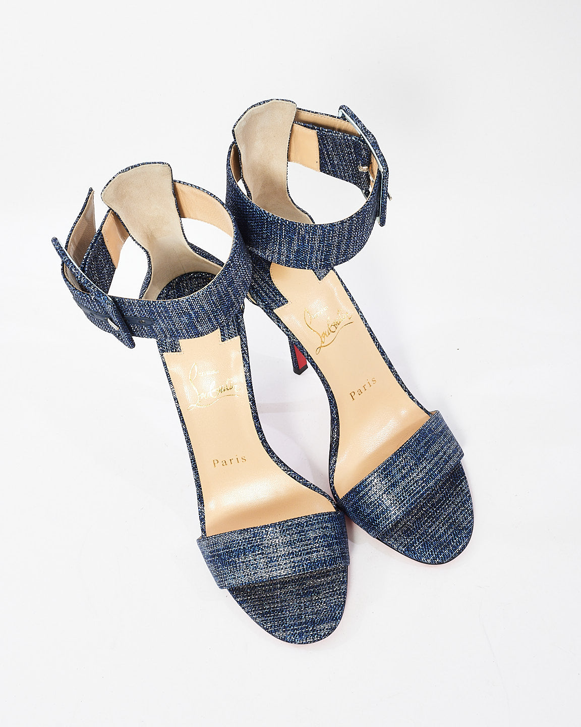 Christian Louboutin Blue Denim Lamé Blade Runna 100mm Sandals - 37