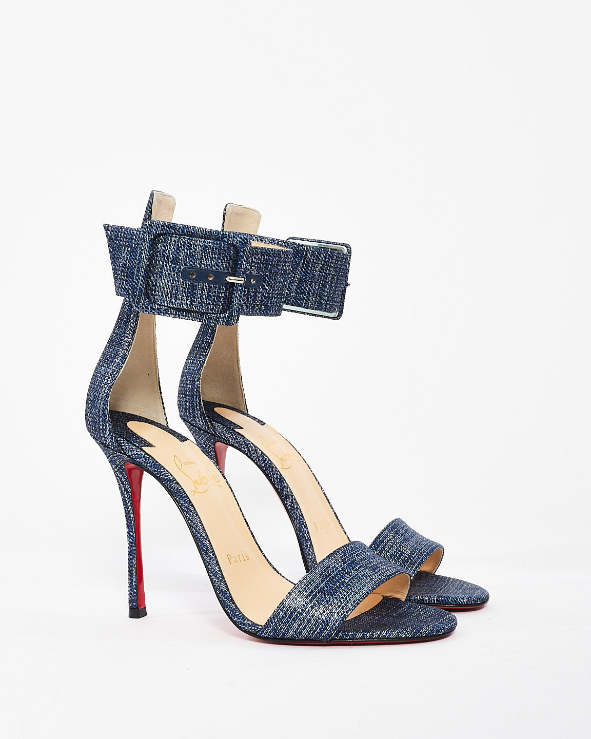 Christian Louboutin Blue Denim Lamé Blade Runna 100mm Sandals - 37