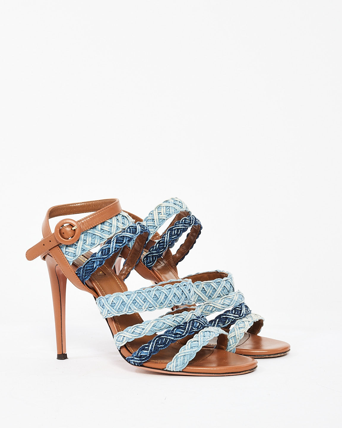 Aquazzura Braided Denim 
Tan Leather Tyra Heeled Sandals - 37