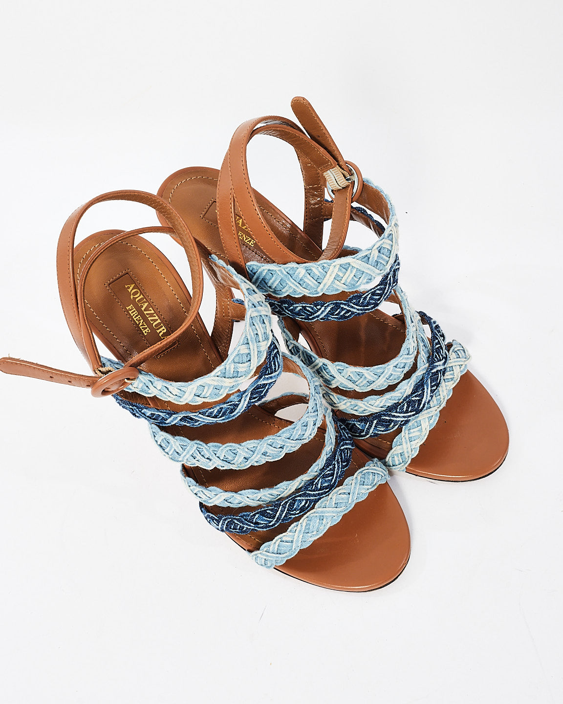 Aquazzura Braided Denim 
Tan Leather Tyra Heeled Sandals - 37