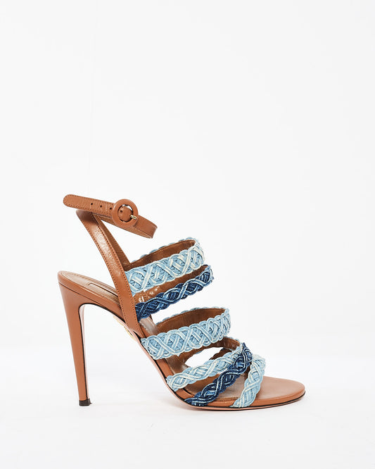 Aquazzura Braided Denim 
Tan Leather Tyra Heeled Sandals - 37