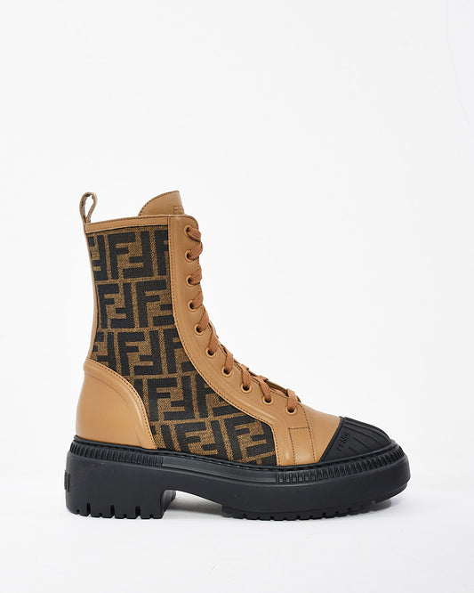 Fendi Brown Canvas Zucca Print Combat Boot - 38.5