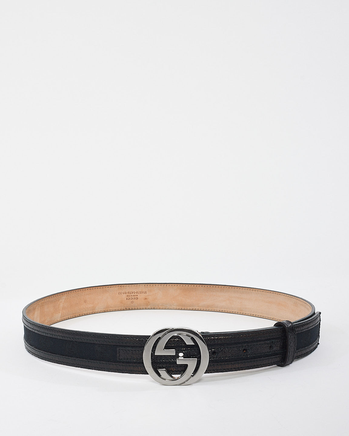 Gucci Black Canvas 
Leather Interlocking GG Silver Buckle Belt - 80/32