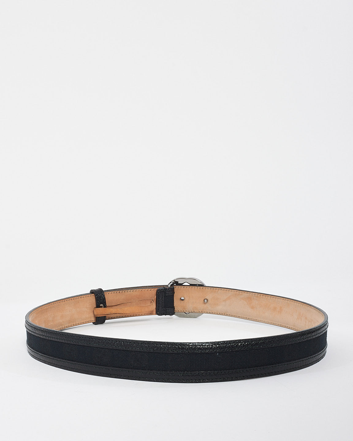 Gucci Black Canvas 
Leather Interlocking GG Silver Buckle Belt - 80/32