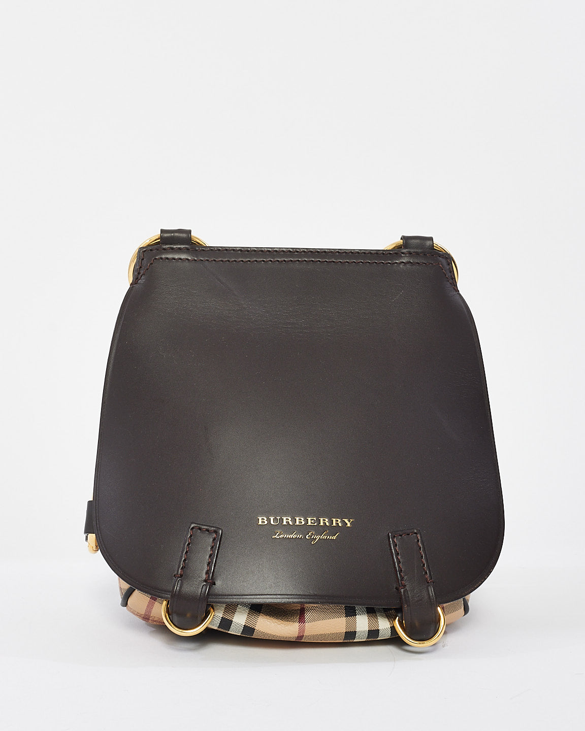 Burberry Brown Leather 
Check Print Canvas Bridle Saddle Bag