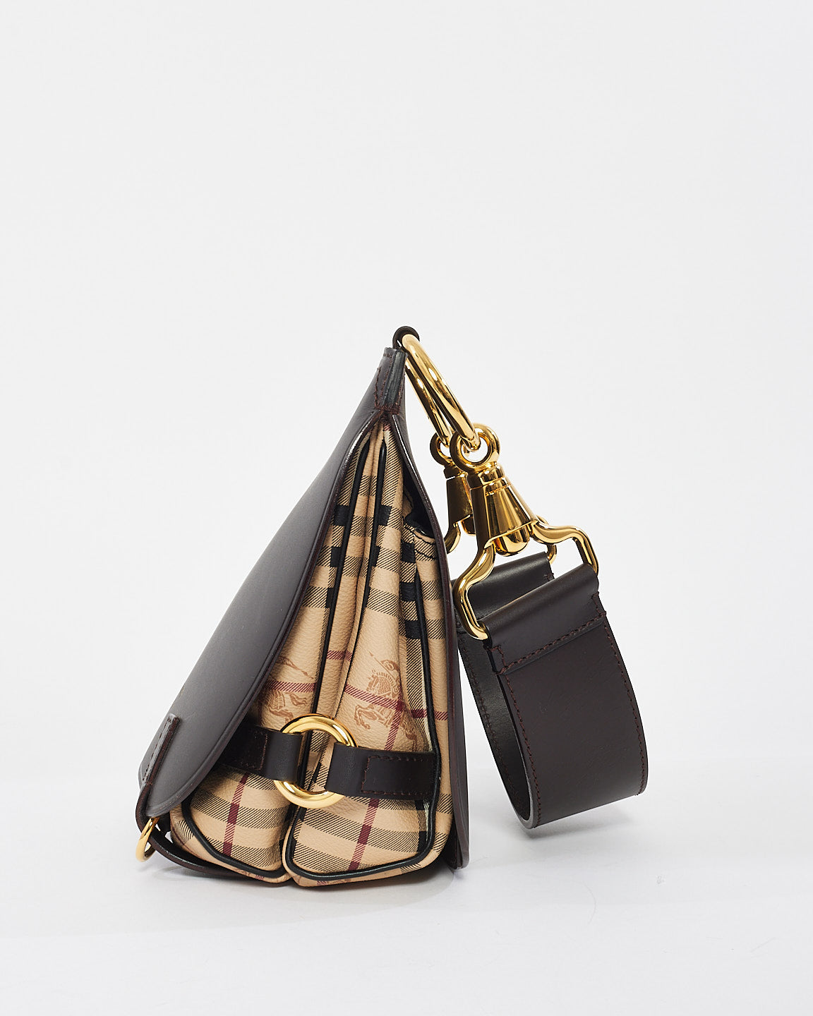 Burberry Brown Leather 
Check Print Canvas Bridle Saddle Bag