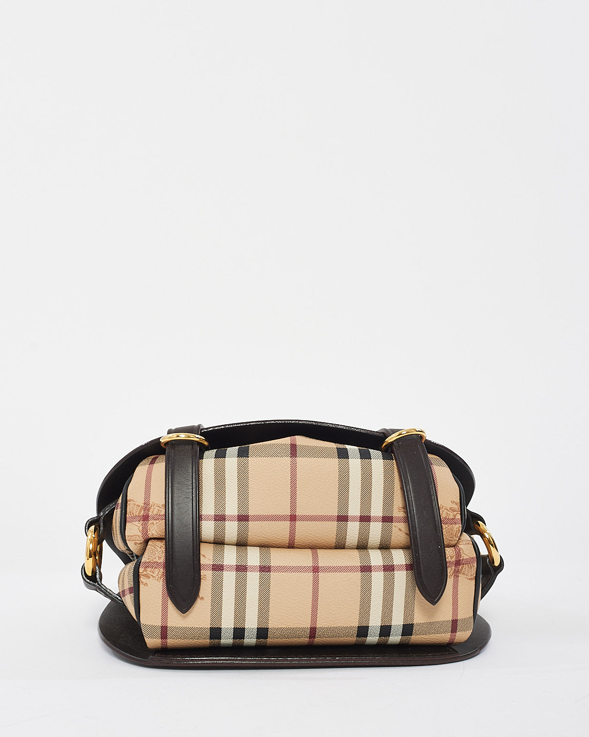 Burberry Brown Leather 
Check Print Canvas Bridle Saddle Bag