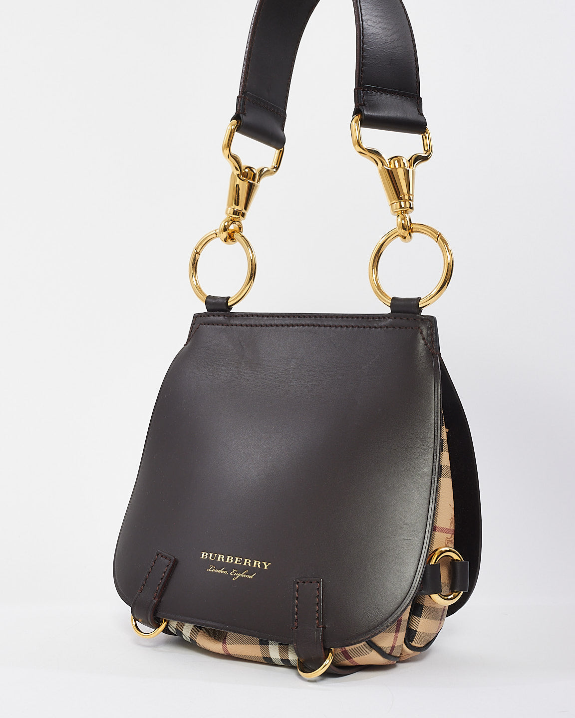 Burberry Brown Leather 
Check Print Canvas Bridle Saddle Bag