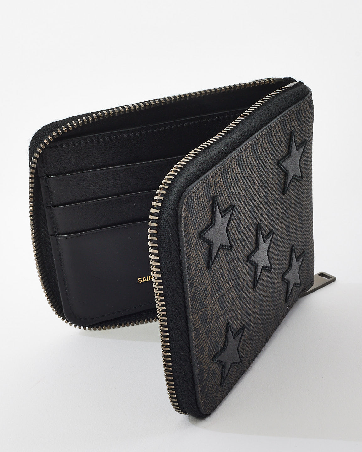 Saint Laurent Black 
Brown Coated Canvas Rider California Star Compact Wallet