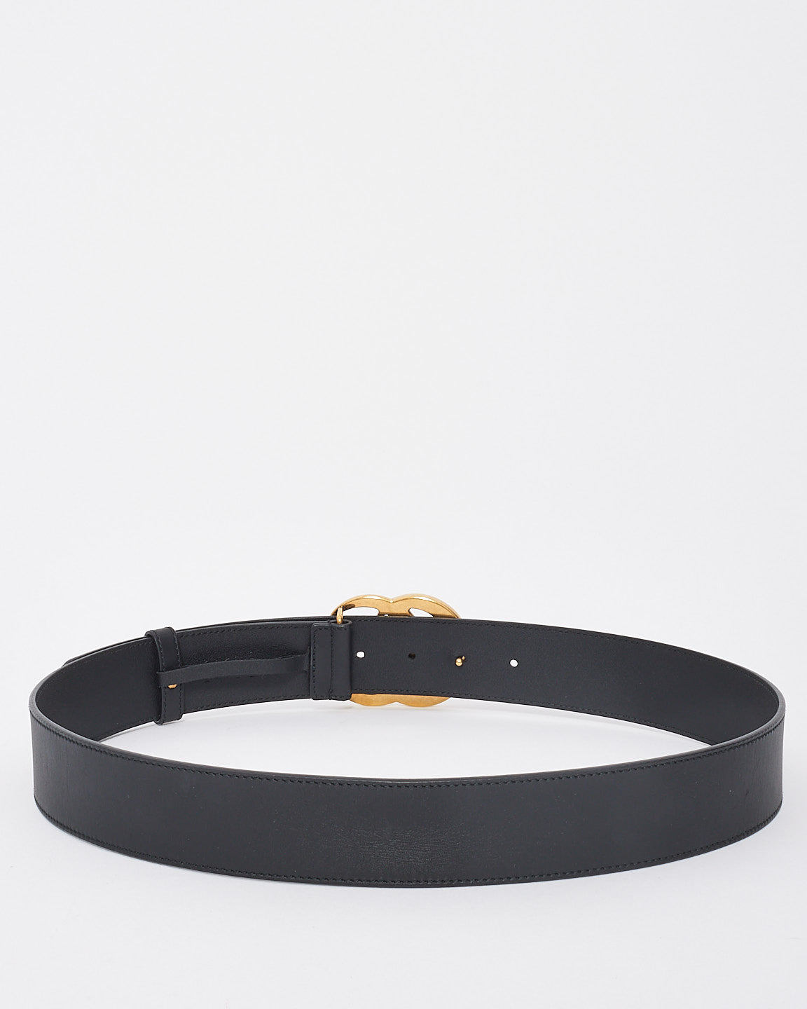 Gucci Black Smooth Leather Brushed Gold Double GG Marmont Belt - 90/35