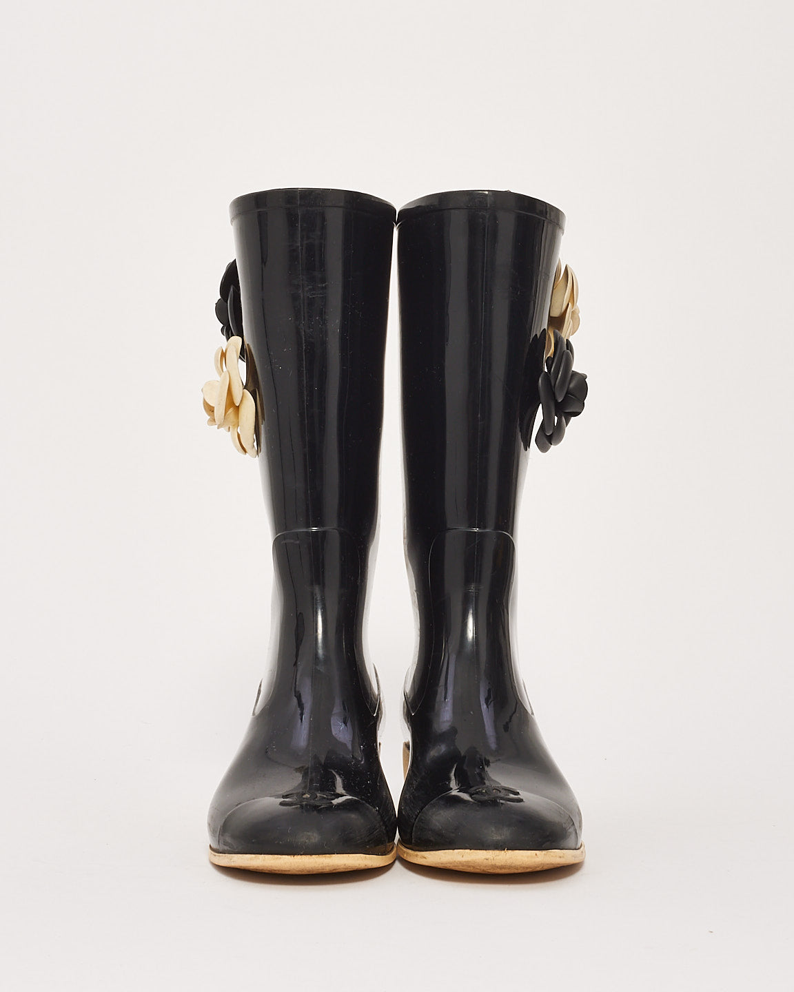 Chanel Black/Cream Rubber Camellia Flower Rain Boots - 39