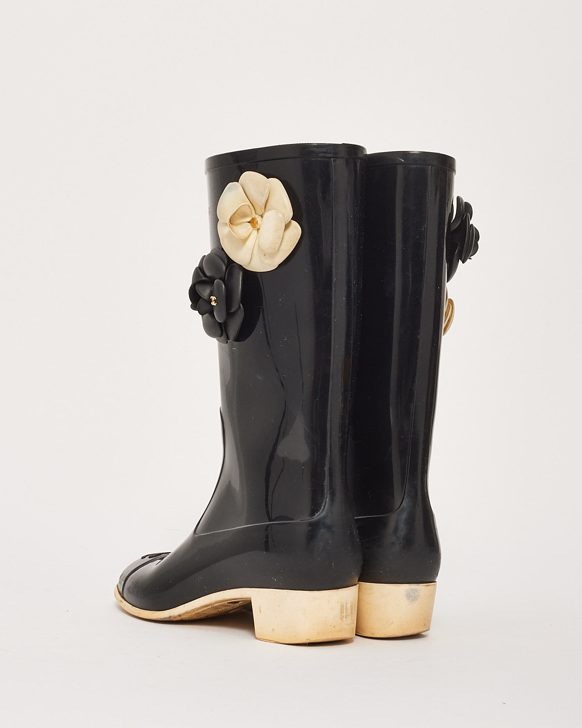 Chanel Black/Cream Rubber Camellia Flower Rain Boots - 39