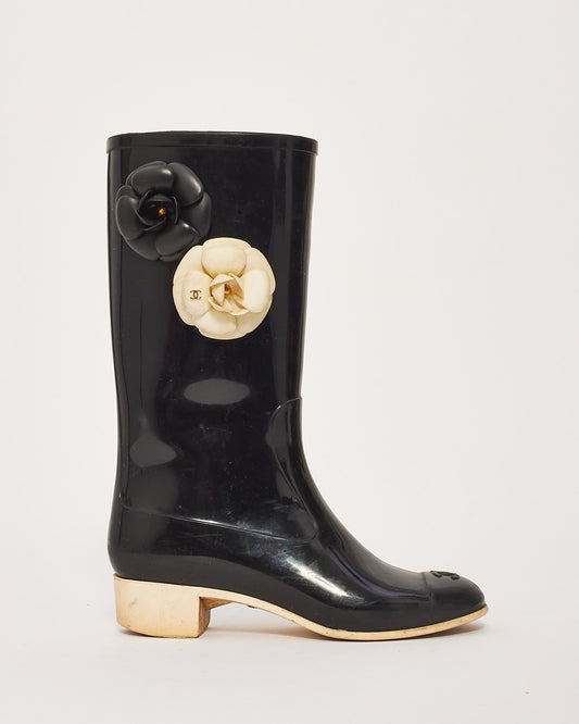 Chanel Black/Cream Rubber Camellia Flower Rain Boots - 39