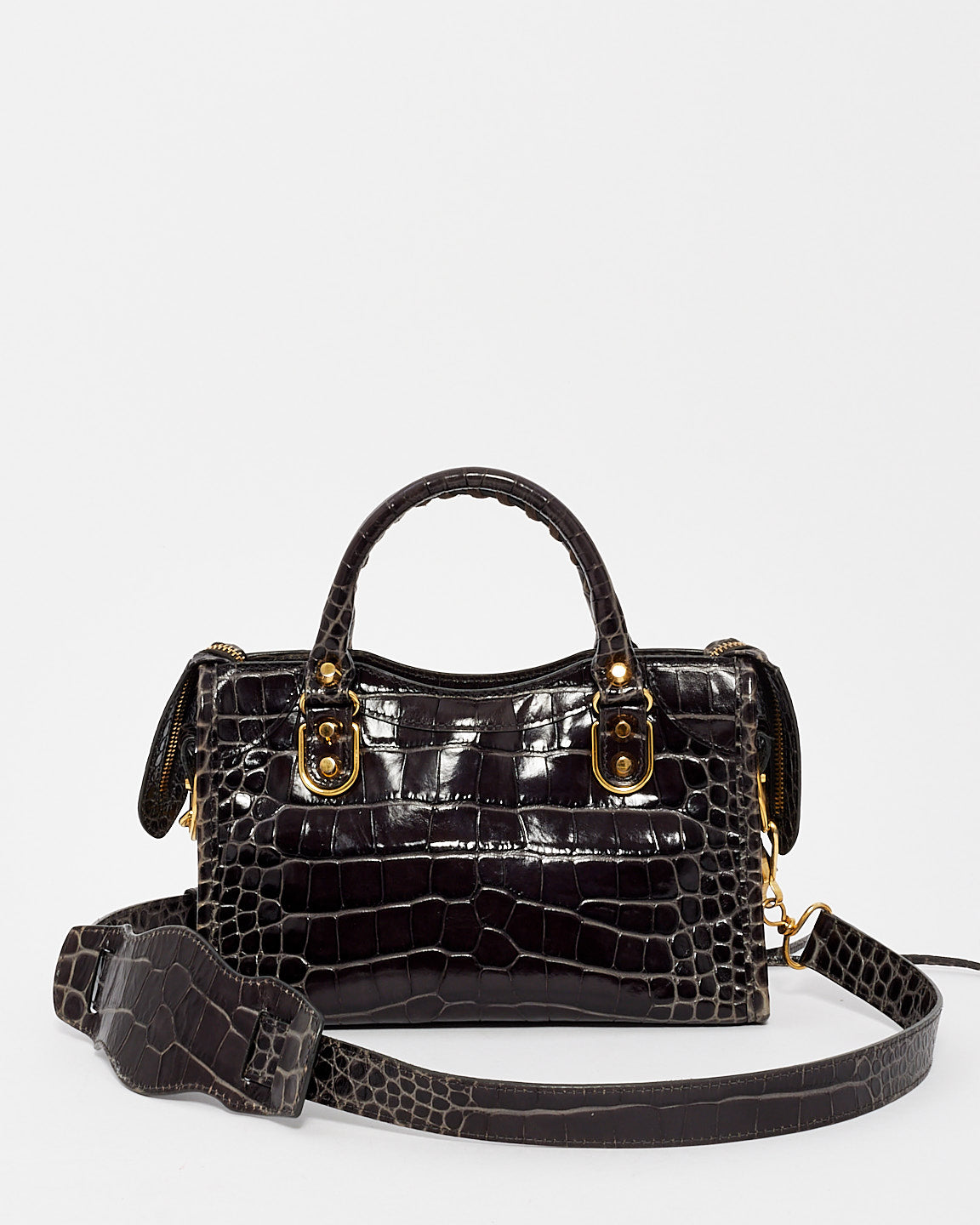 Balenciaga Black Croc Embossed Motocross Metallic Edge Mini City Bag