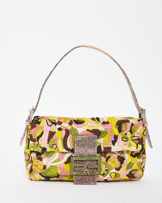 Fendi Multi Color Canvas Flower Graphic Print Vintage Baguette Shoulder Bag